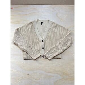 Modi & Madison Beige Knit Cropped Cardigan Sweater V Neck Button Front Size M